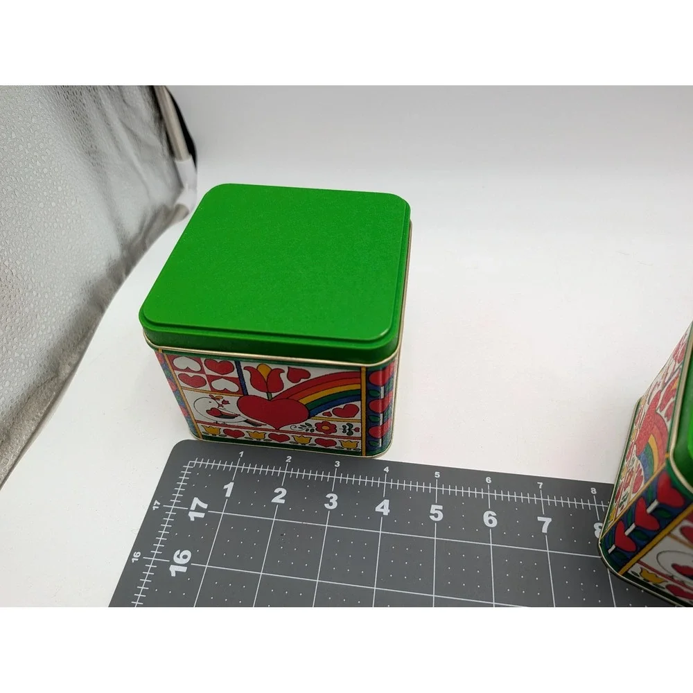 Potpourri Press Tin Canister Lot Green Hearts Rainbow Birds Tulips 3 Piece